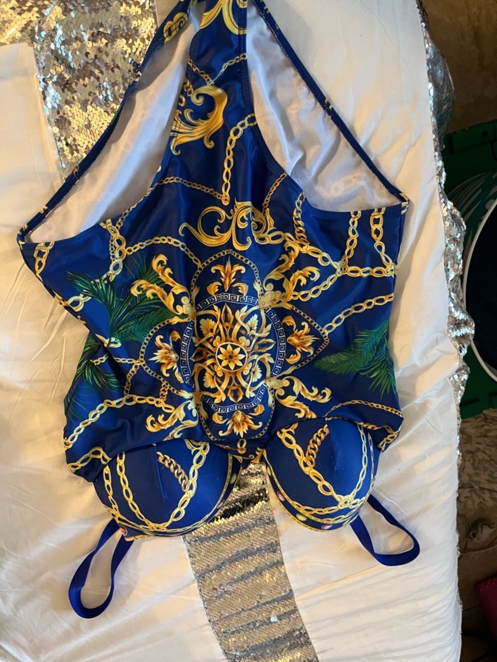 Women's Blue & Gold Patterned One-Piece Swimsuit